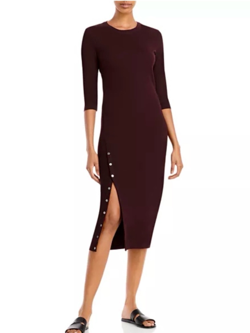 Theory Burgundy Midi Dress Button Front Slit Pima Cotton Knit Bodycon Size S